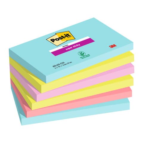 Foglietti riposizionabili Post-it® Super Sticky Miami 76x127mm assortiti conf. 6 blocch. da 90 ff - 655-6SS-MIA